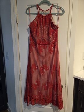 Gorgeous Lace Maxi Dress with Floral Embroidery - Reddish / Orange